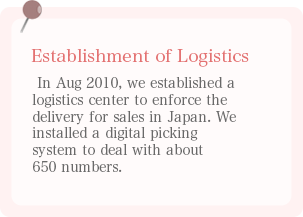 配送センター設立 日本国内販売に向けてのデリバリー強化を図るため2010年8月に配送センター設立。約650品番に対応できるデジタルピッキングシステムを導入。