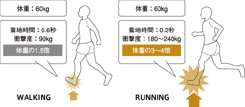 WALKING体重：60kg　着地時間：0.6秒　衝撃度：90kg　体重の1.5倍　RUNNING　体重：60kg　着地時間：0.2秒　衝撃度：180kg～240kg　体重の3倍～4倍